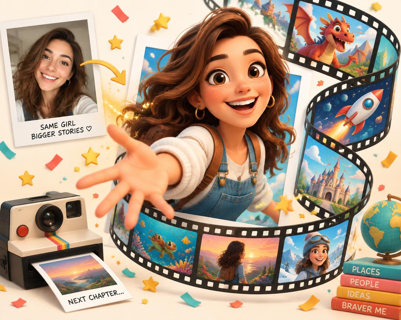 A photo of a woman turning into an animated cartoon character with film strip scenes